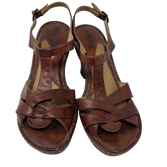 Born Wedge Heel T Strap Sandals Brown Leather - Picture 2 of 8